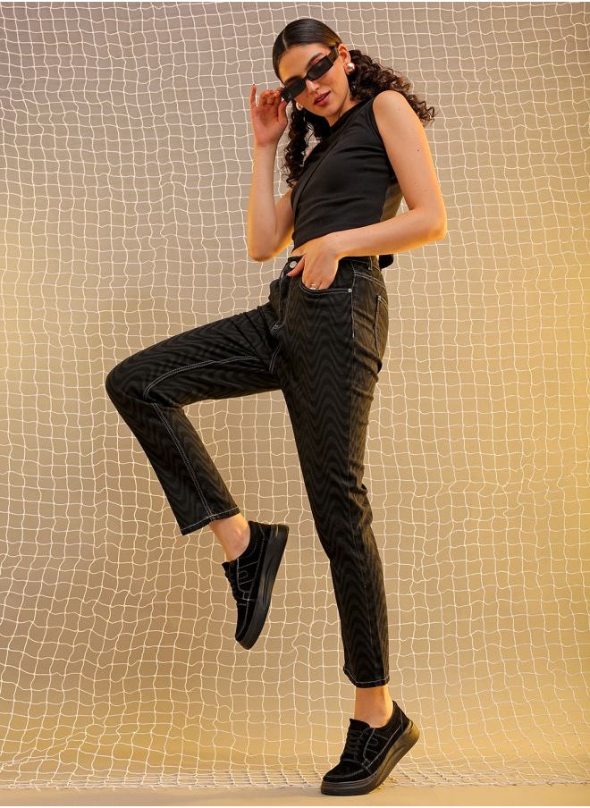 Women Straight Fit Laser Print High-Rise Jeans