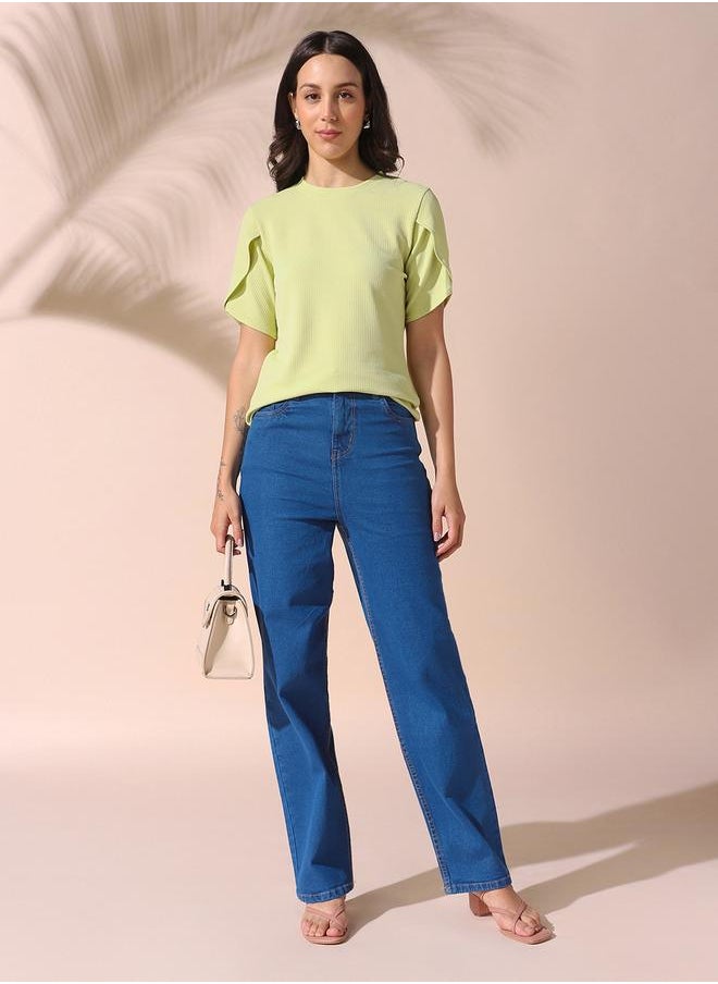 Women indigo straight fit solid 98% cotton 2% spandex jeans with button & zip closure- where comfort meets classic charm.