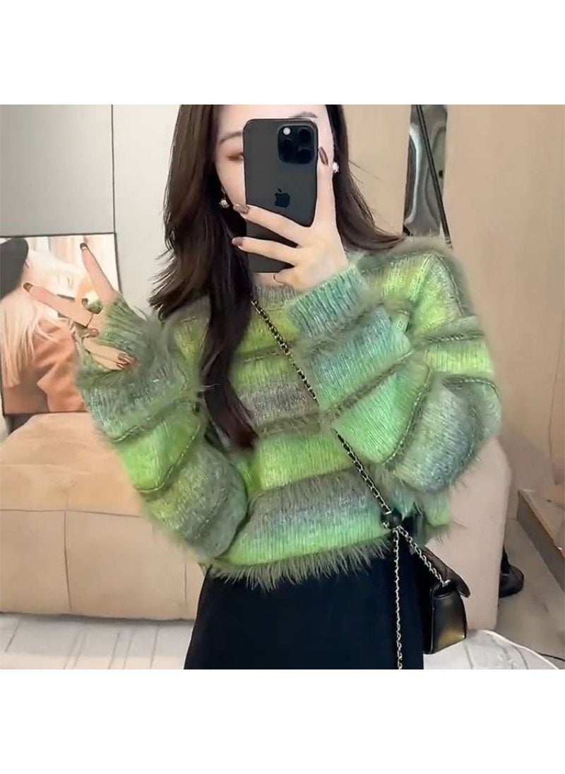 Soft Supple Striped Knitted Sweater Womens Autumn/winter Idle Style Fashionable Round Neck Top Green