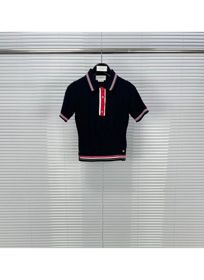 New Style TB Striped Color Blocking Lapel Pure Cotton Womens T-Shirt Age-Reducing Slimming Tummy Control Knitted Top Short Slee Navy