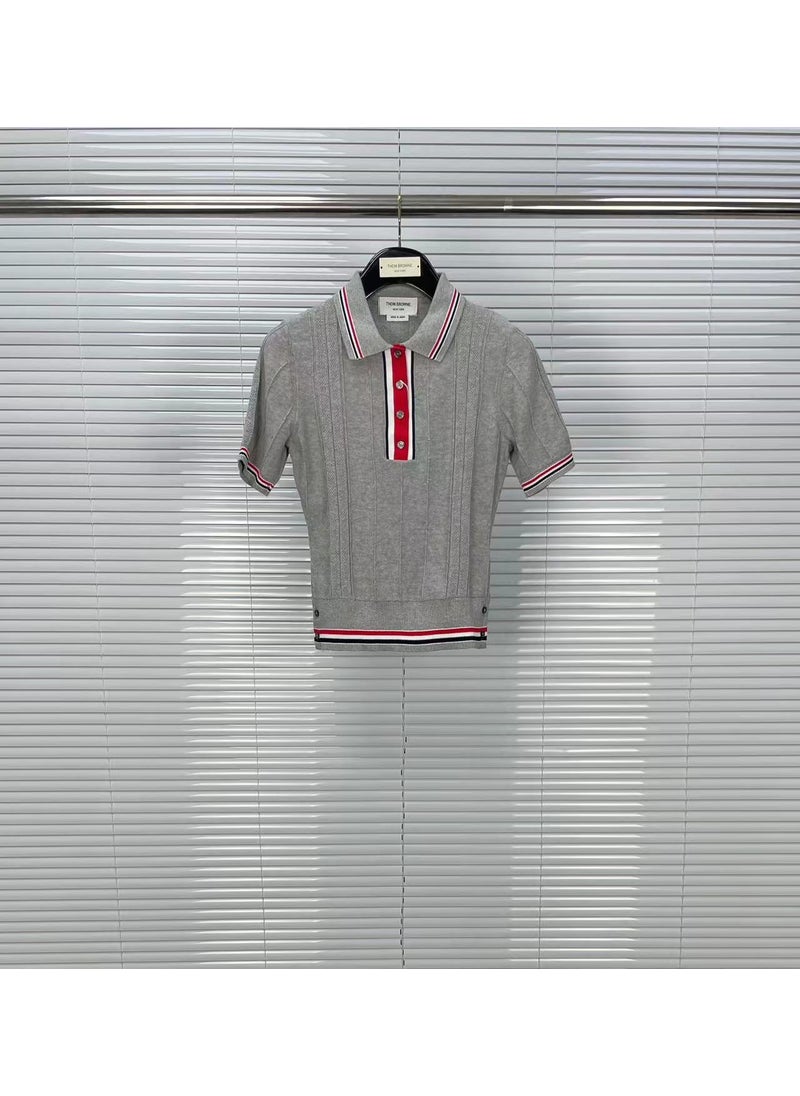 New Style TB Striped Color Blocking Lapel Pure Cotton Womens T-Shirt Age-Reducing Slimming Tummy Control Knitted Top Short Slee dark gray