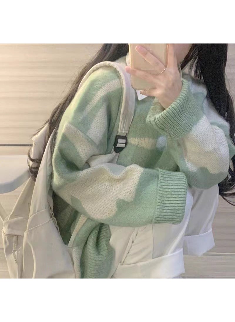 Japanese Vintage Color Blocking Sweater Womens Autumn/Winter Loose Fit Thickened Idle Style Soft Supple Inner Knitted Top Color block sweater direct sale