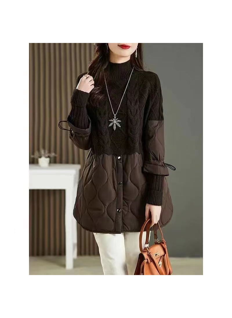 200kg Women High-collar Wool Coat Thickened Patchwork Autumn Winter Loose Knitted Shirt Brown [thickened mall style]