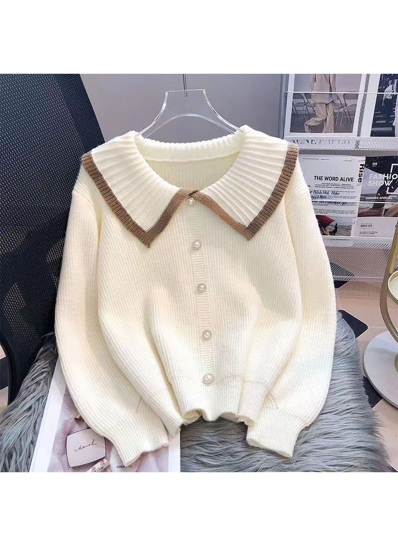 Loose Knitted Sweater Womens Fall Winter Fashion Doll Collar Fragrance Style Top City Style Long Sleeve Printed Button Detail Red