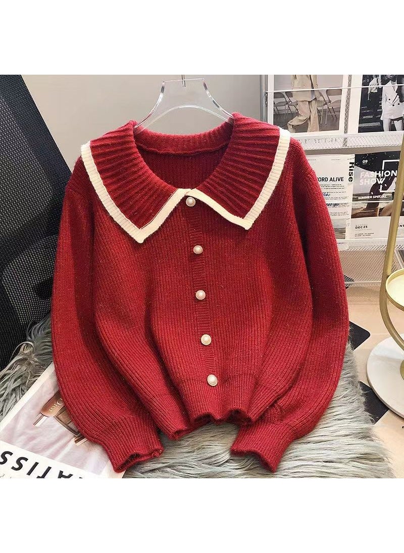 Loose Knitted Sweater Womens Fall Winter Fashion Doll Collar Fragrance Style Top City Style Long Sleeve Printed Button Detail Red