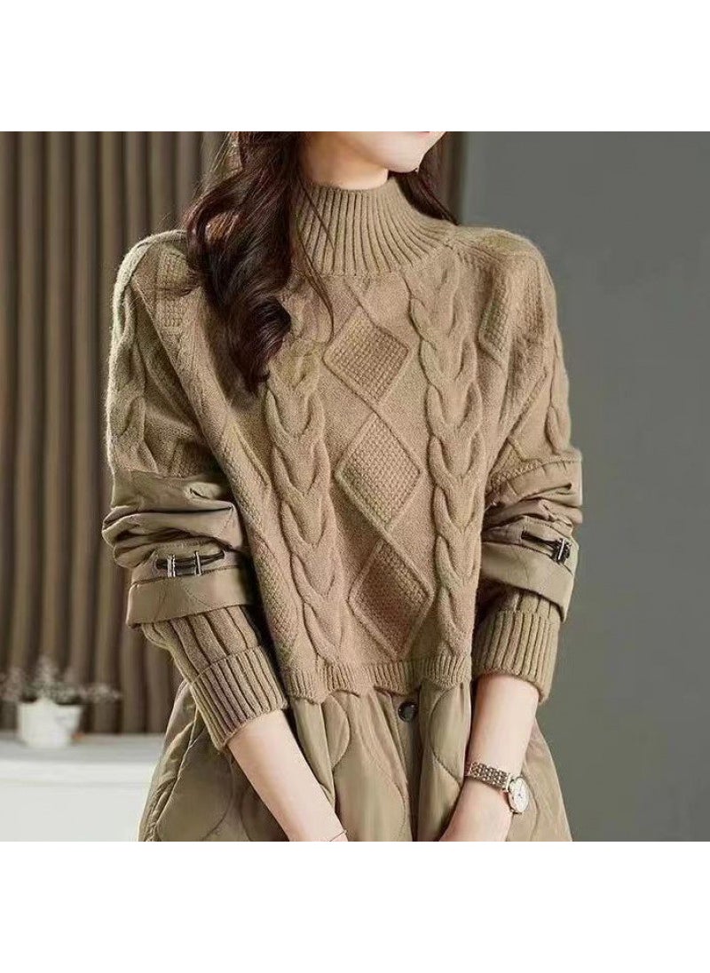 200kg Women High-collar Wool Coat Thickened Patchwork Autumn Winter Loose Knitted Shirt Apricot [thickened mall style]