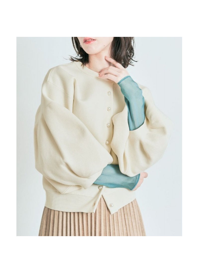 Stock Available Japanese Style Loose Fit Knit Sweater Jacket Long Sleeve Puff Sleeve For Front And Back Wear Crew Neck Design Apricot