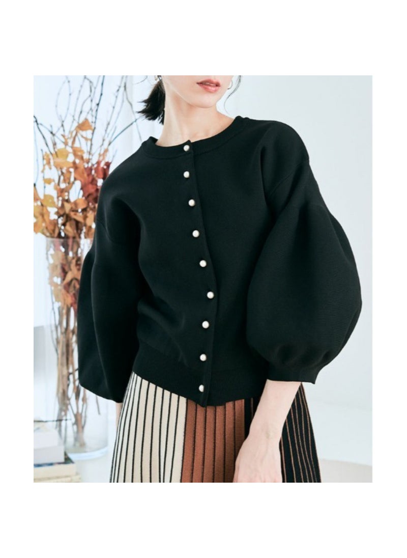 Stock Available Japanese Style Loose Fit Knit Sweater Jacket Long Sleeve Puff Sleeve For Front And Back Wear Crew Neck Design Black