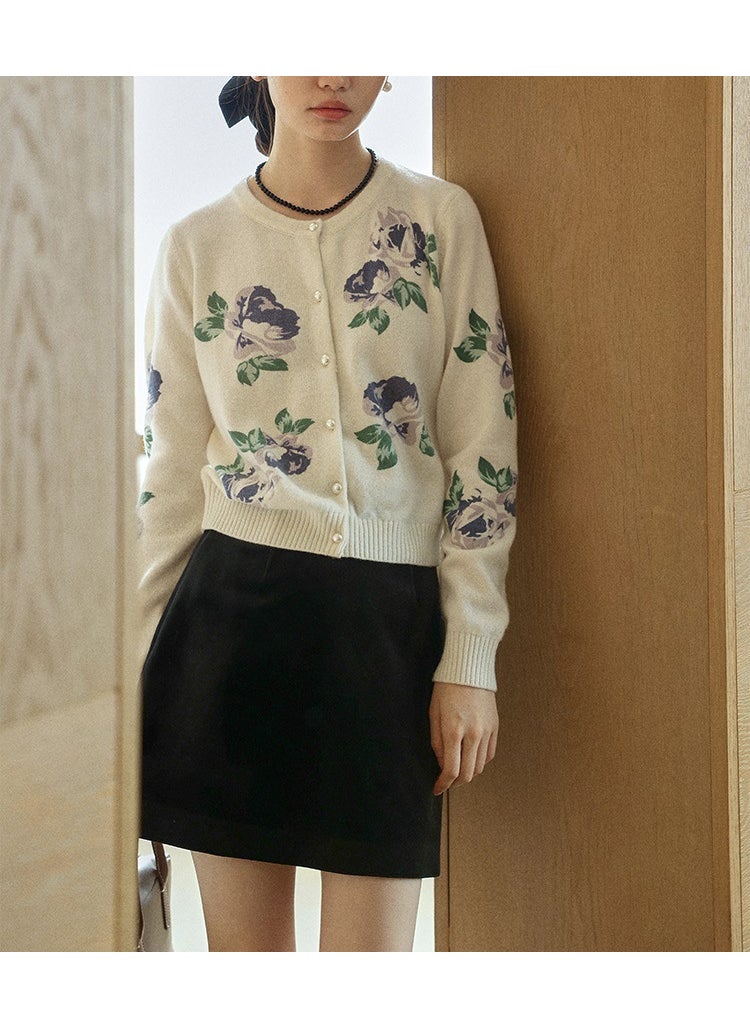 Merino Woolprinting Cropped Knitted Cardigan Jacket Womens New Style Top Crew Neck Other Pattern Chinese Mainland Origin Picture color