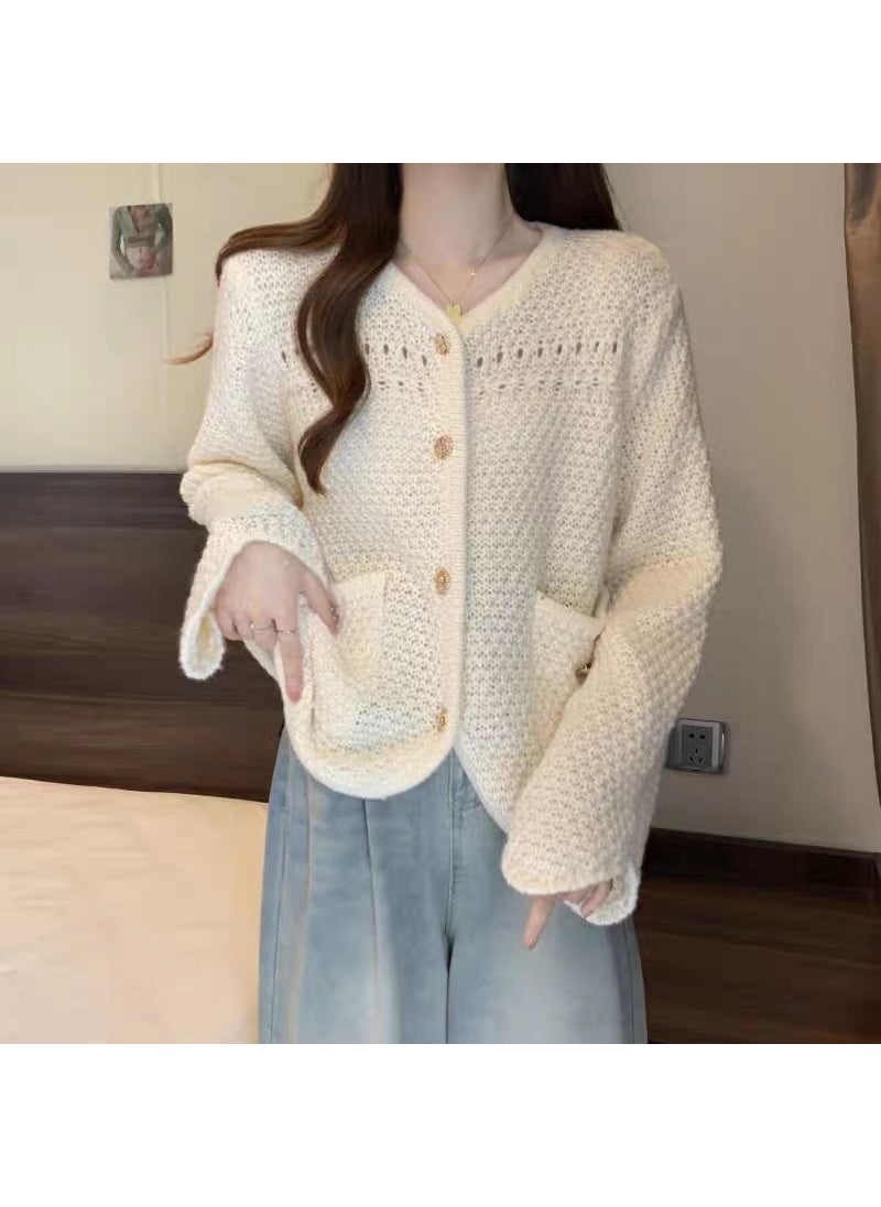 Elegant Knitted Tweed Style Cardigan Sweater Jacket For Women 2024 Autumn New Design Sensibility Niche V-Neck Pullovers Creamy-white