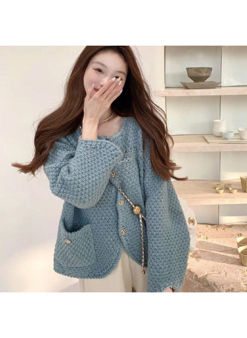 Elegant Knitted Tweed Style Cardigan Sweater Jacket For Women 2024 Autumn New Design Sensibility Niche V-Neck Pullovers Blue
