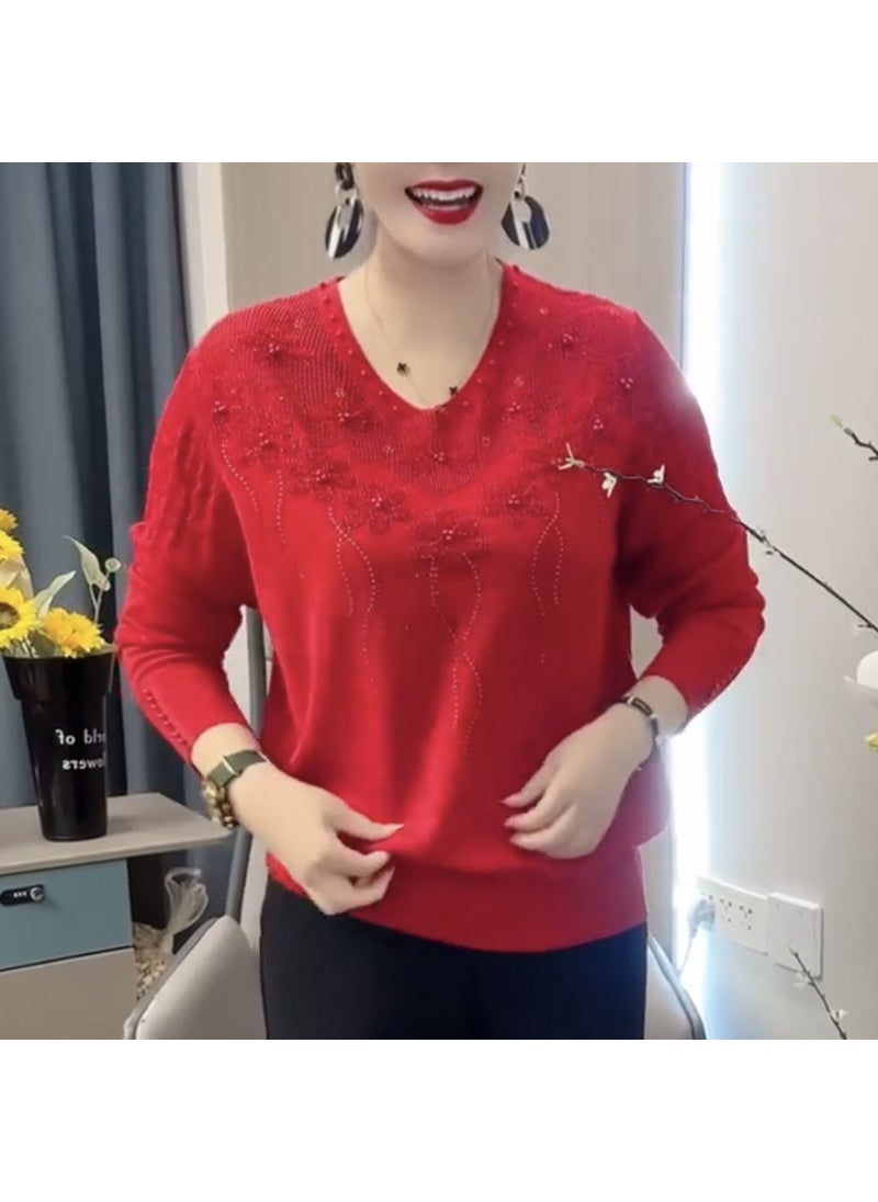 Fashionable Knitted Top Long Sleeve V-Neck Womens Slimming Sweater Base Layer Versatile Jewelry Rhinestone Pullover Red [long sleeve]]