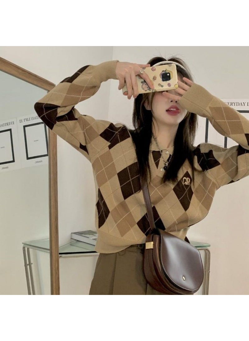 Womens Petite Cropped Sweater Design Sensibility Autumn/winter Knitted Top Stylish American Style Polo Collar Base Layer Top [Model] L075 khaki