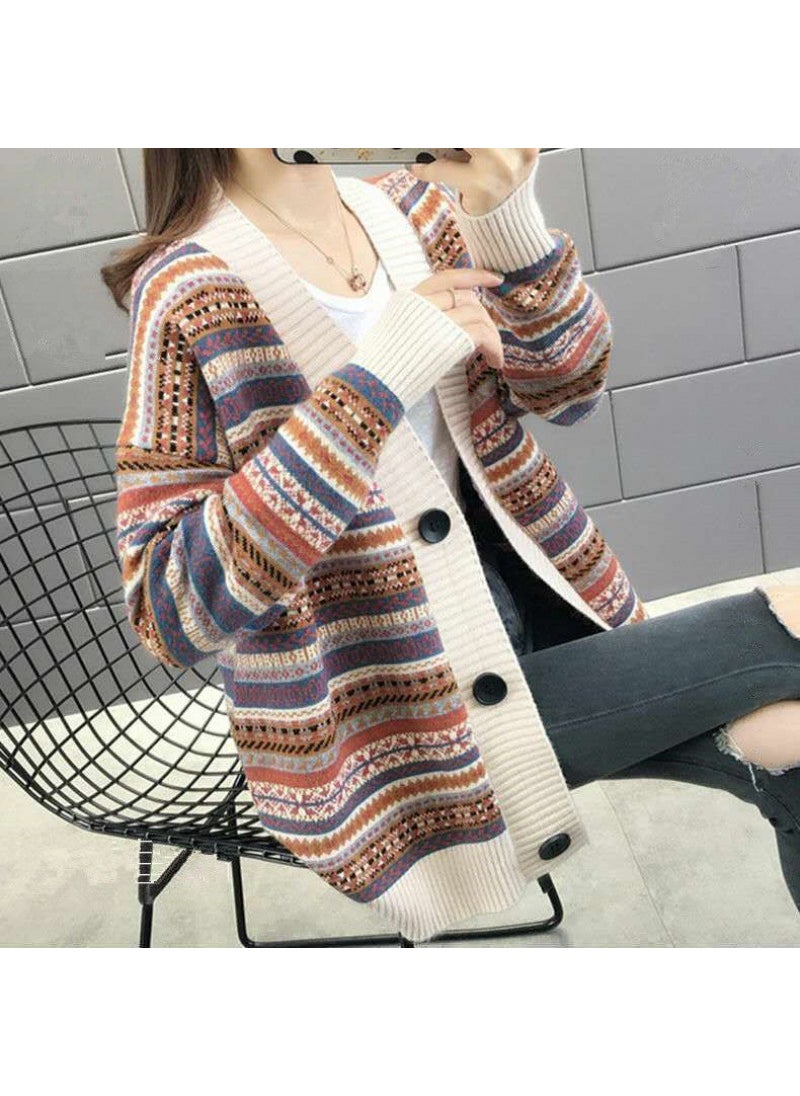 Womens Loose-fit Knitted Sweater Cardigan Autumn/winter 2023 New Style Korean Version Womens Jacket Creamy-white -- retro stripes