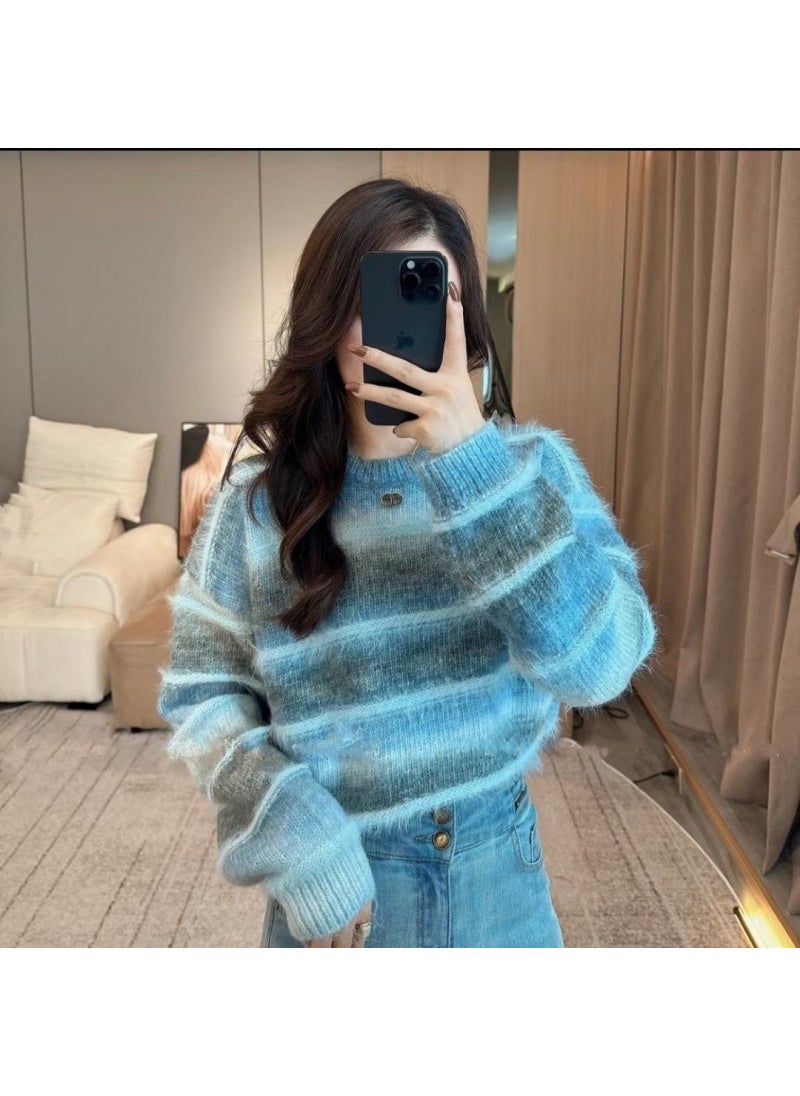 Soft Supple Striped Knitted Sweater Womens Autumn/winter Idle Style Fashionable Round Neck Top Blue