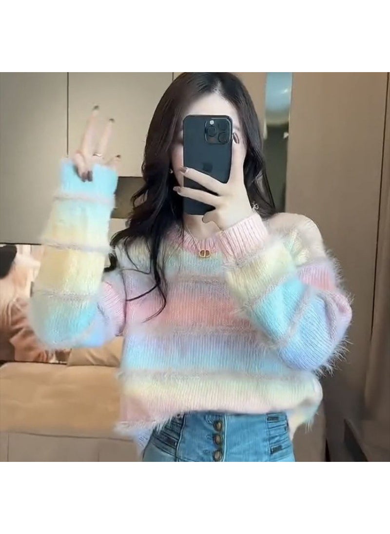 Soft Supple Striped Knitted Sweater Womens Autumn/winter Idle Style Fashionable Round Neck Top Blue