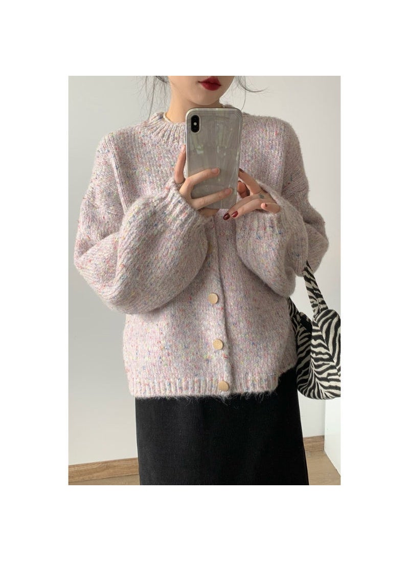 Autumn Winter Loose Lazy Style Korean Style Fashion Knitted Coat Thick Women Sweater Urban Long Sleeve Adult Version Light purple
