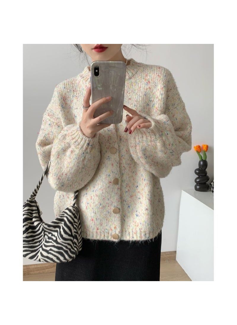Autumn Winter Loose Lazy Style Korean Style Fashion Knitted Coat Thick Women Sweater Urban Long Sleeve Adult Version Off-white