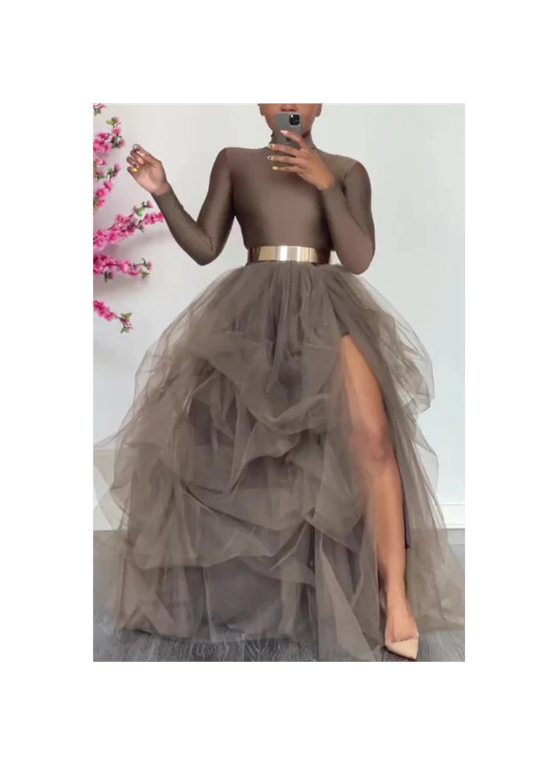 High-Waisted Elastic Mesh Casual Tulle Skirt For Women Half-Length Tutu Skirt Loose Fit Spring Autumn Season Female Clothing Brown