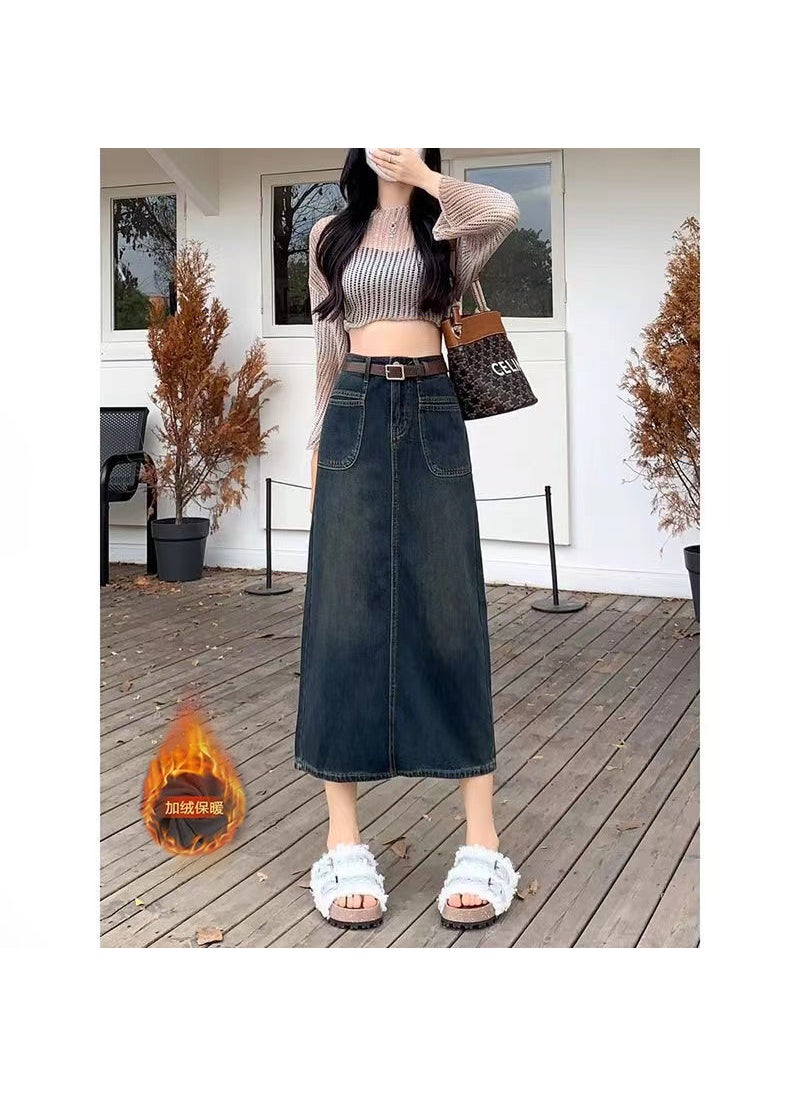 Thickened Fleece-Lined Denim Skirt Womens Winter Vintage High-Waisted Slimming Side Slit Elegant Long Dress Deep retro blue plus velvet 6370