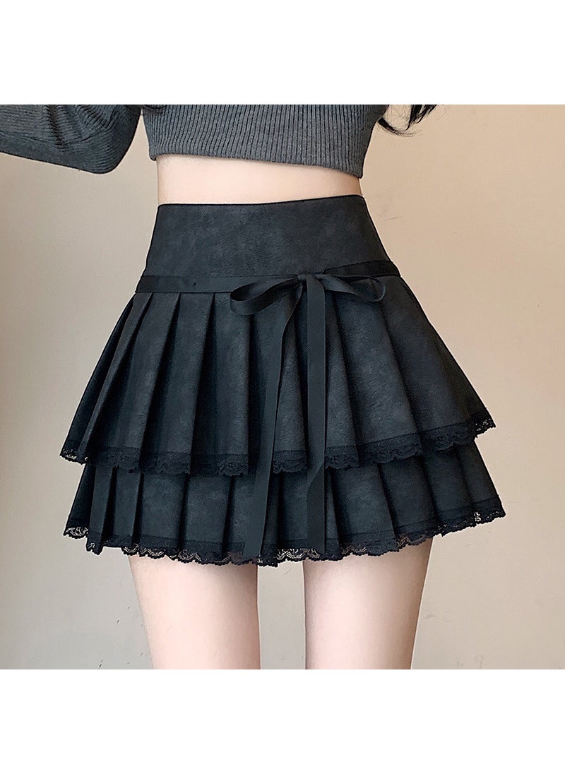 Bow Mini Dress 2024 New Style Womens High-Waisted Slimming A- Line Skirt Leather Texture Autumn/Winter Seasonal Apparel Black