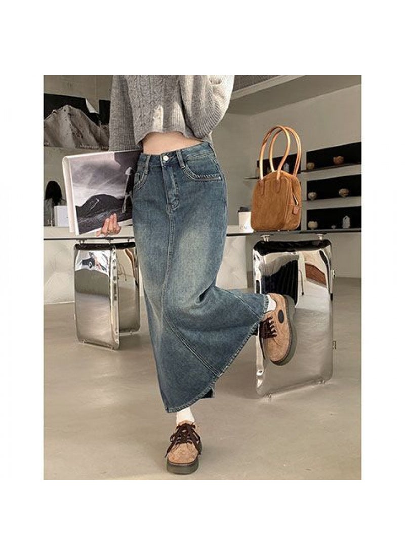 Thickened Fleece-Lined Denim Skirt Womens Winter Vintage High-Waisted Slimming Side Slit Elegant Long Dress Retro blue [without velvet]