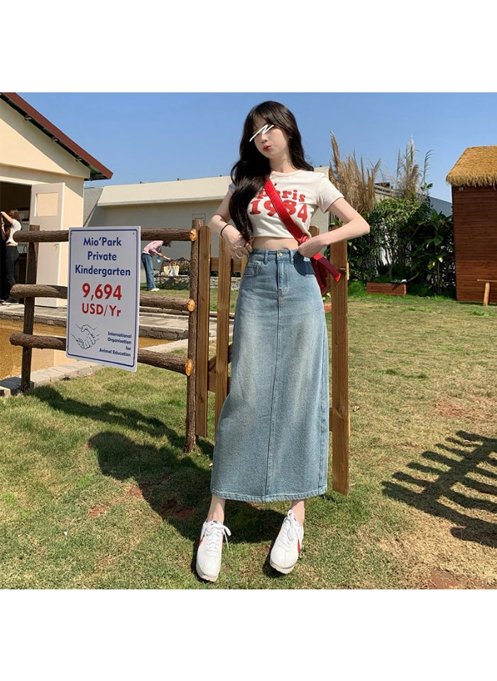 Slimming Denim Skirt For Women Summer Light Blue Starry Sky Printed Side Slit Long Dress High Waist Hip Shaping 7559 Star Pattern
