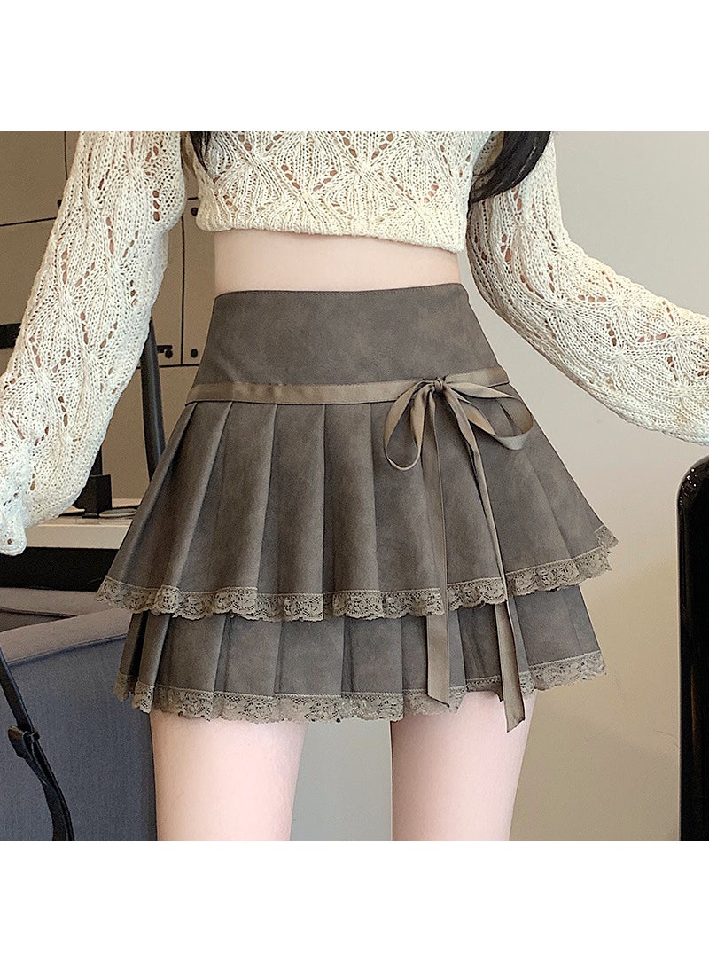 Bow Mini Dress 2024 New Style Womens High-Waisted Slimming A- Line Skirt Leather Texture Autumn/Winter Seasonal Apparel Khaki