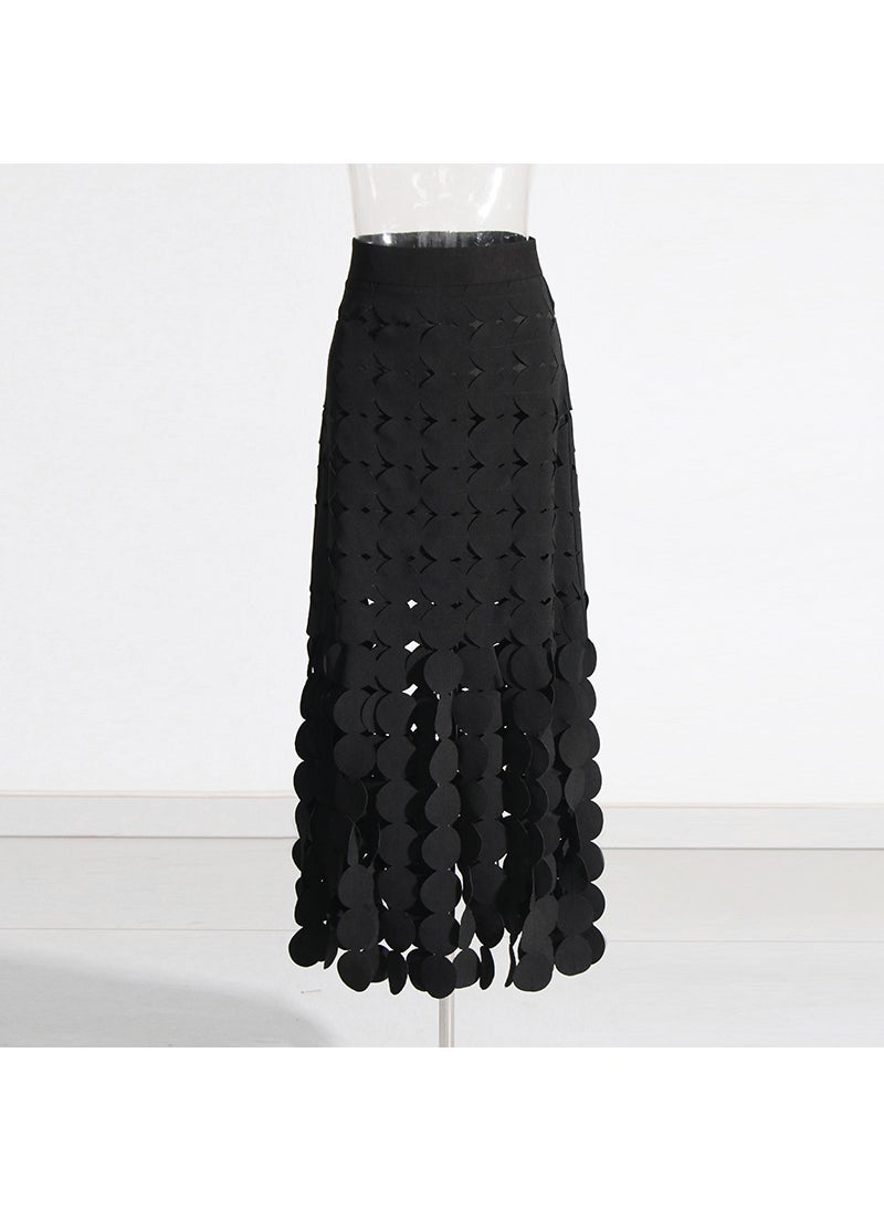 Fashionable Design Long A- Line Skirt High-Waisted Womens Fringed Highlight Spliced Round Piece Spring 2025 New Arrival Brown