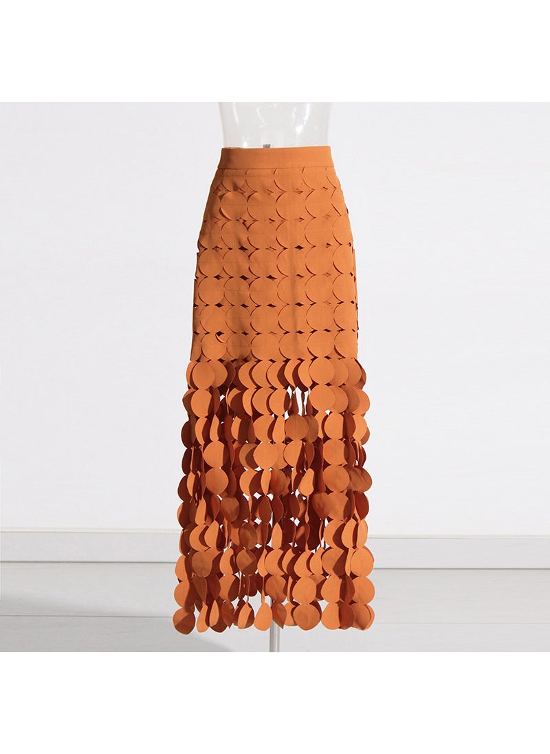 Fashionable Design Long A- Line Skirt High-Waisted Womens Fringed Highlight Spliced Round Piece Spring 2025 New Arrival Brown