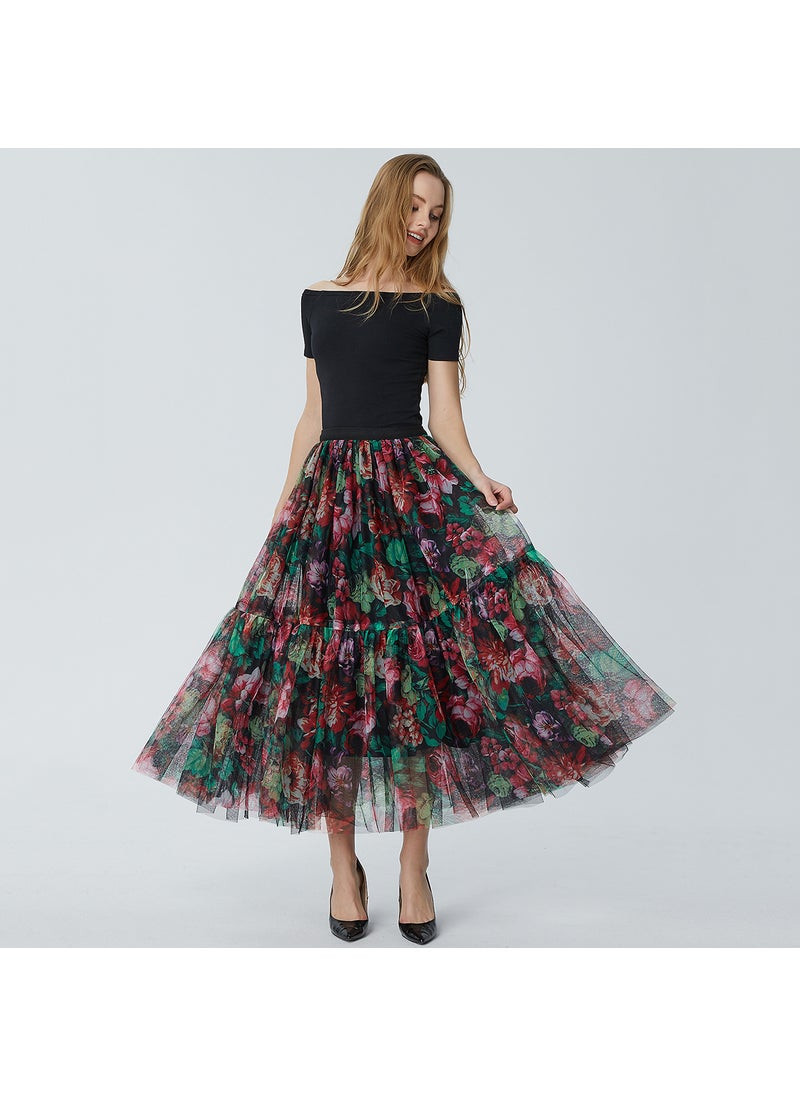 High-End French Style Womens Ruffled Skirt Long Mesh Gauze Summer Dresses American European Cuts Fresh Feeling Petticoat Black flower