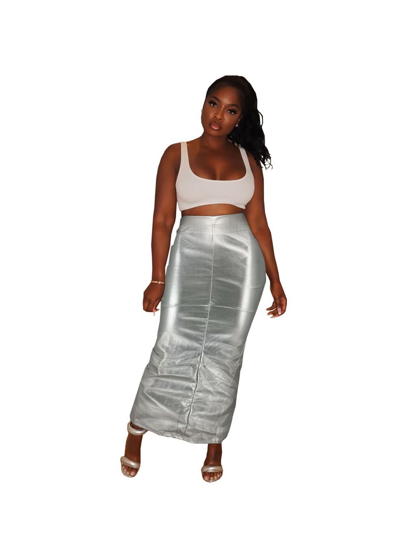 Elegant Pure Color Leather Asymmetrical Mid-Length Skirt Bodycon Style Pencil Skirt for Women in Europe And America Silver