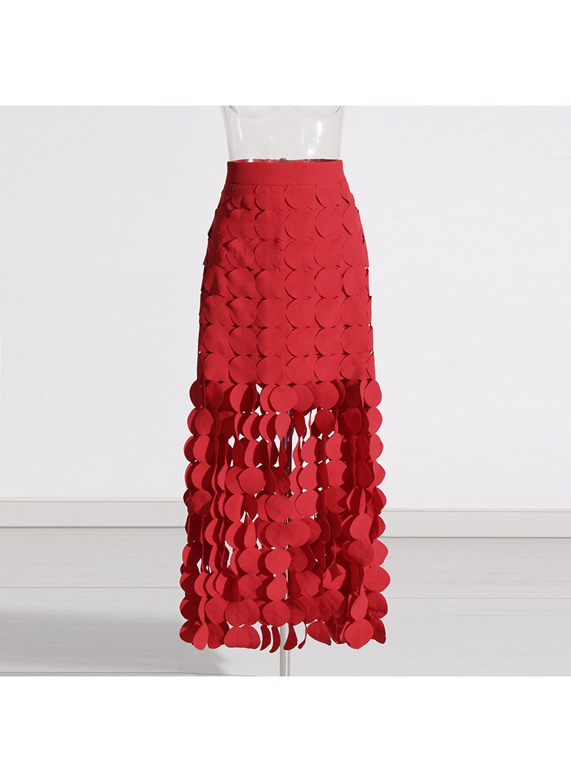 Fashionable Design Long A- Line Skirt High-Waisted Womens Fringed Highlight Spliced Round Piece Spring 2025 New Arrival Red