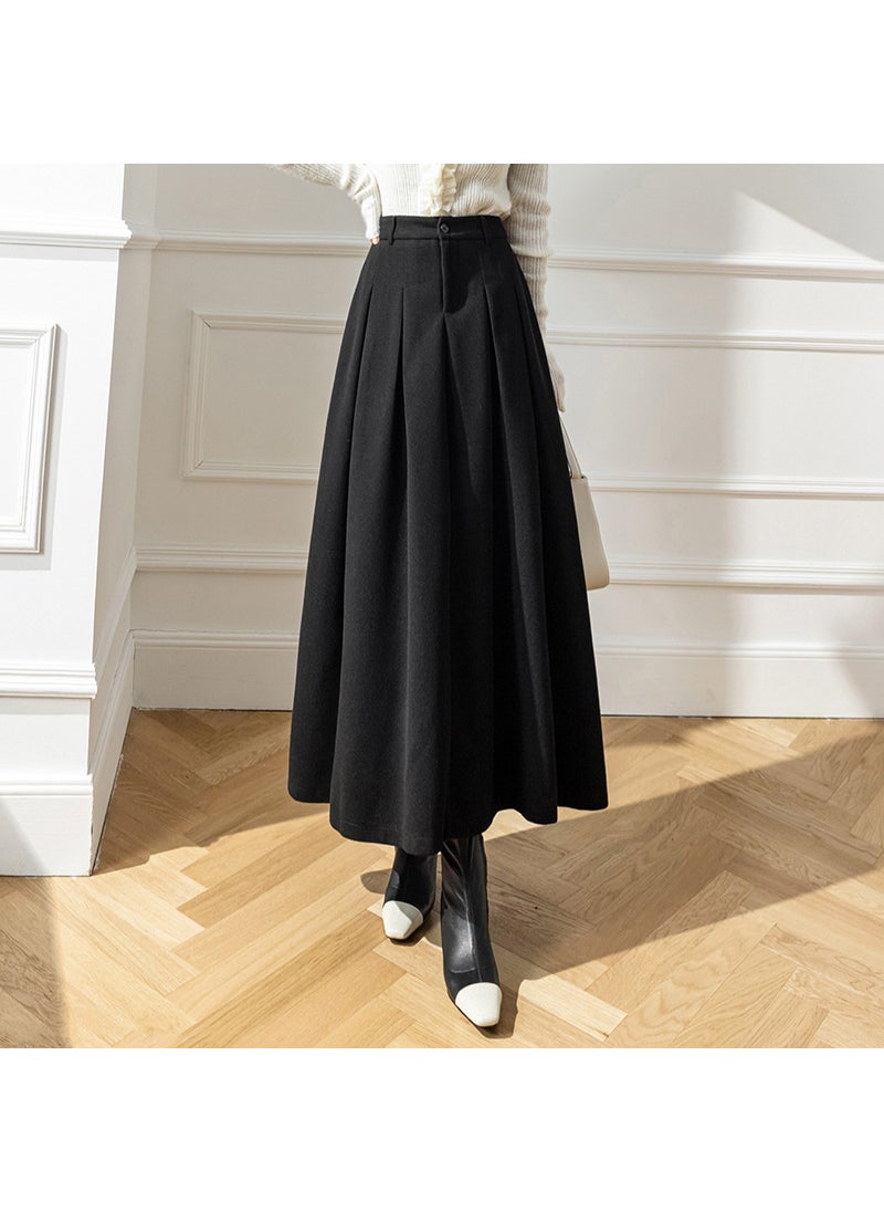 Long High-Waisted Slimming Woolen Skirt New 2023 Winter Style Korean Version Big Pleat Tuck Slimming Semi-Circular Skirt Black