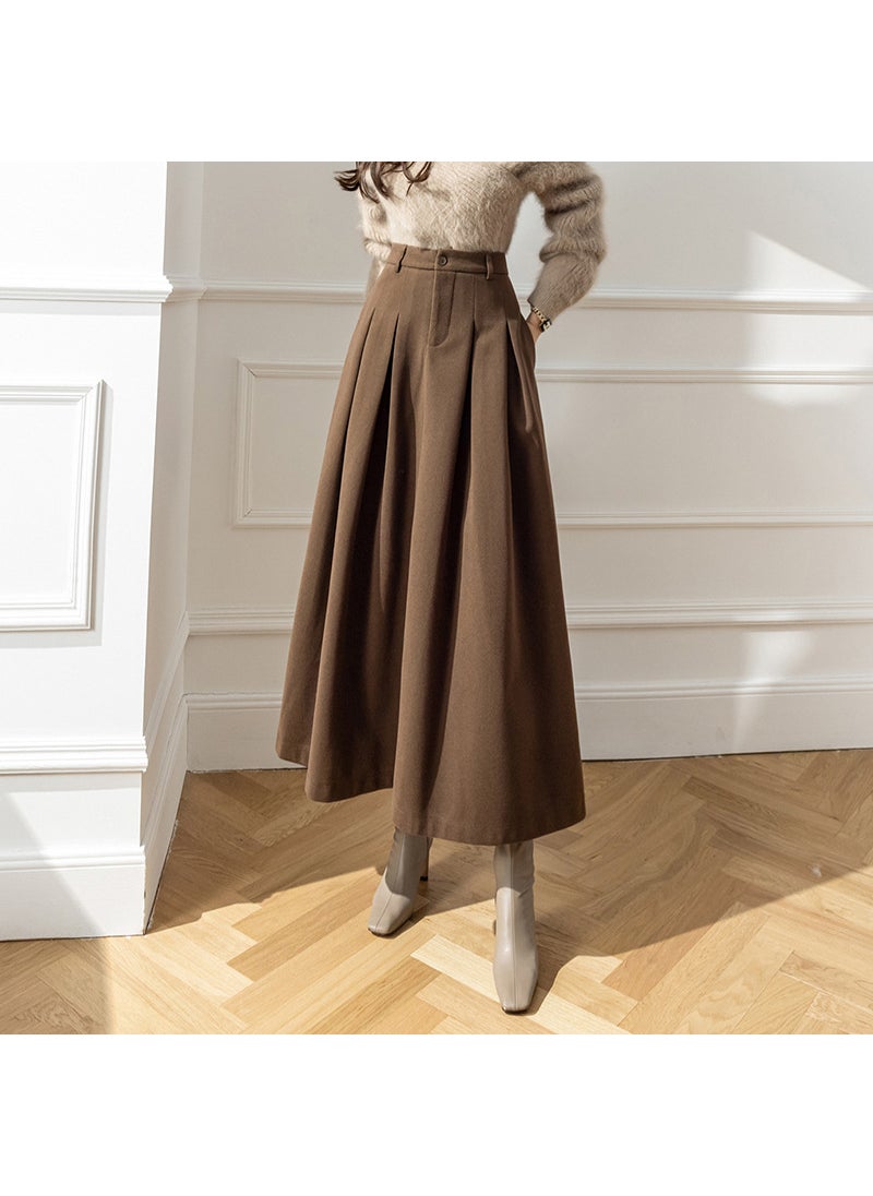 Long High-Waisted Slimming Woolen Skirt New 2023 Winter Style Korean Version Big Pleat Tuck Slimming Semi-Circular Skirt Brown