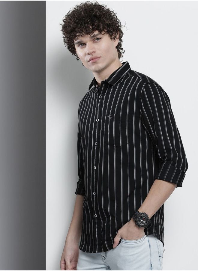 Men Regular Fit Striped Full Sleeves Cutaway Collar Casual Shirt
