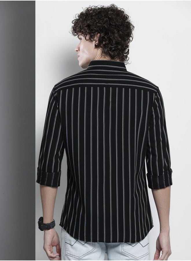 Men Regular Fit Striped Full Sleeves Cutaway Collar Casual Shirt