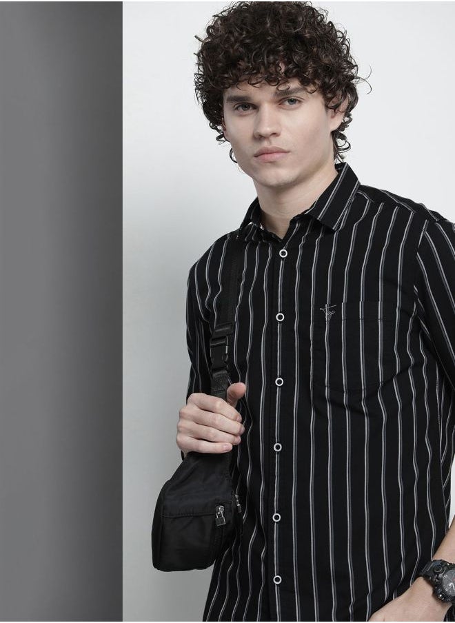 Men Regular Fit Striped Full Sleeves Cutaway Collar Casual Shirt