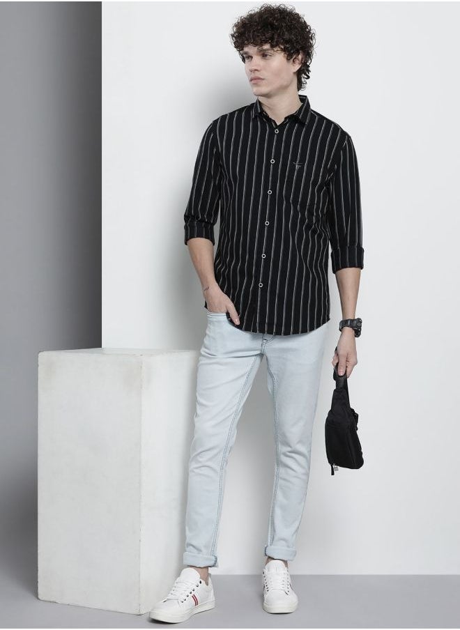Men Regular Fit Striped Full Sleeves Cutaway Collar Casual Shirt