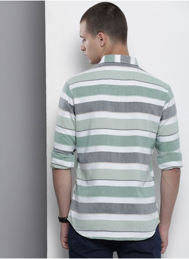 Men Regular Fit Striped Full Sleeves Cutaway Collar Casual Shirt