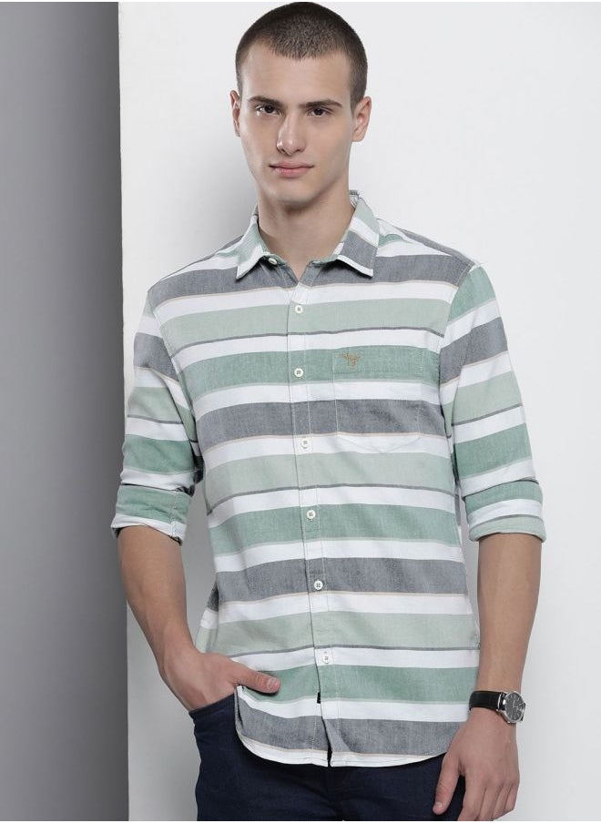 Men Regular Fit Striped Full Sleeves Cutaway Collar Casual Shirt