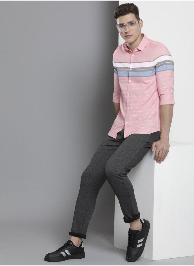 Men Regular Fit Striped Full Sleeves Cutaway Collar Casual Shirt