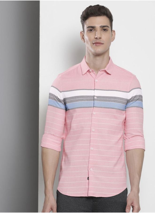 Men Regular Fit Striped Full Sleeves Cutaway Collar Casual Shirt