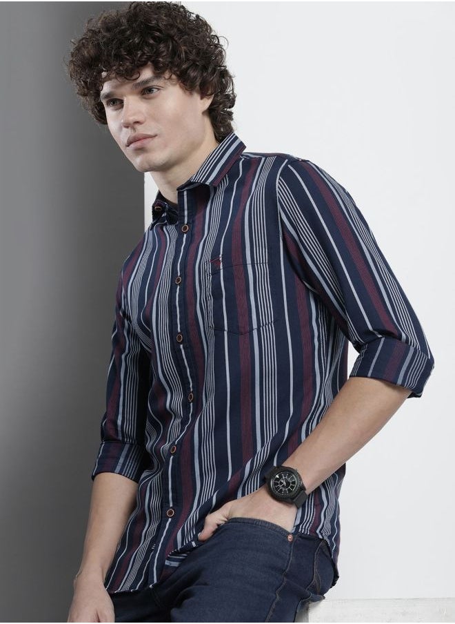 Men Regular Fit Striped Full Sleeves Cutaway Collar Casual Shirt