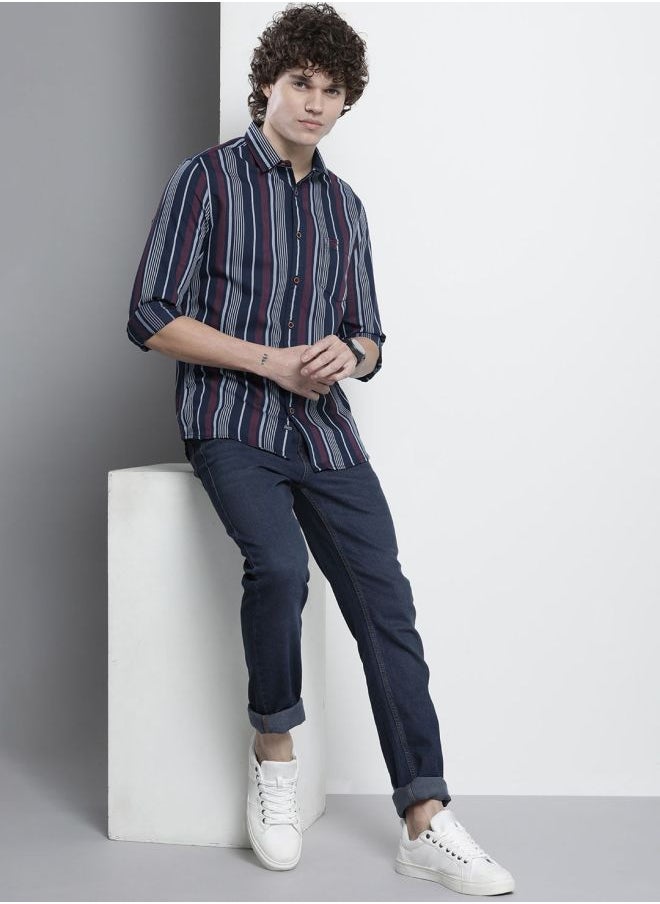 Men Regular Fit Striped Full Sleeves Cutaway Collar Casual Shirt
