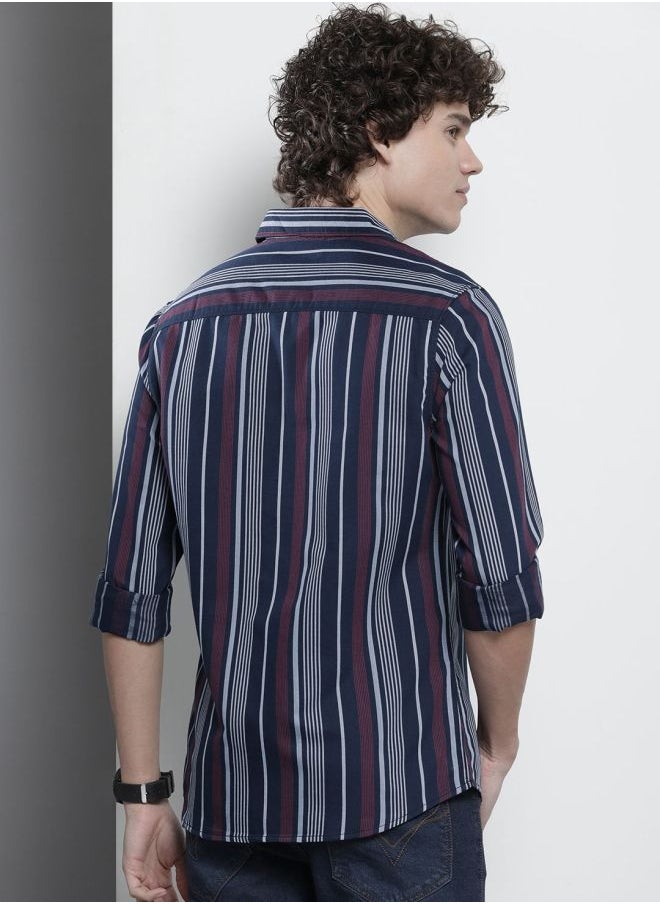 Men Regular Fit Striped Full Sleeves Cutaway Collar Casual Shirt