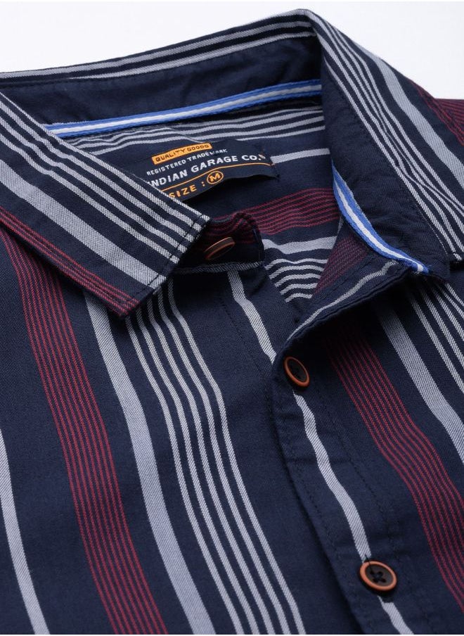 Men Regular Fit Striped Full Sleeves Cutaway Collar Casual Shirt