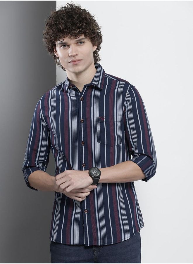Men Regular Fit Striped Full Sleeves Cutaway Collar Casual Shirt