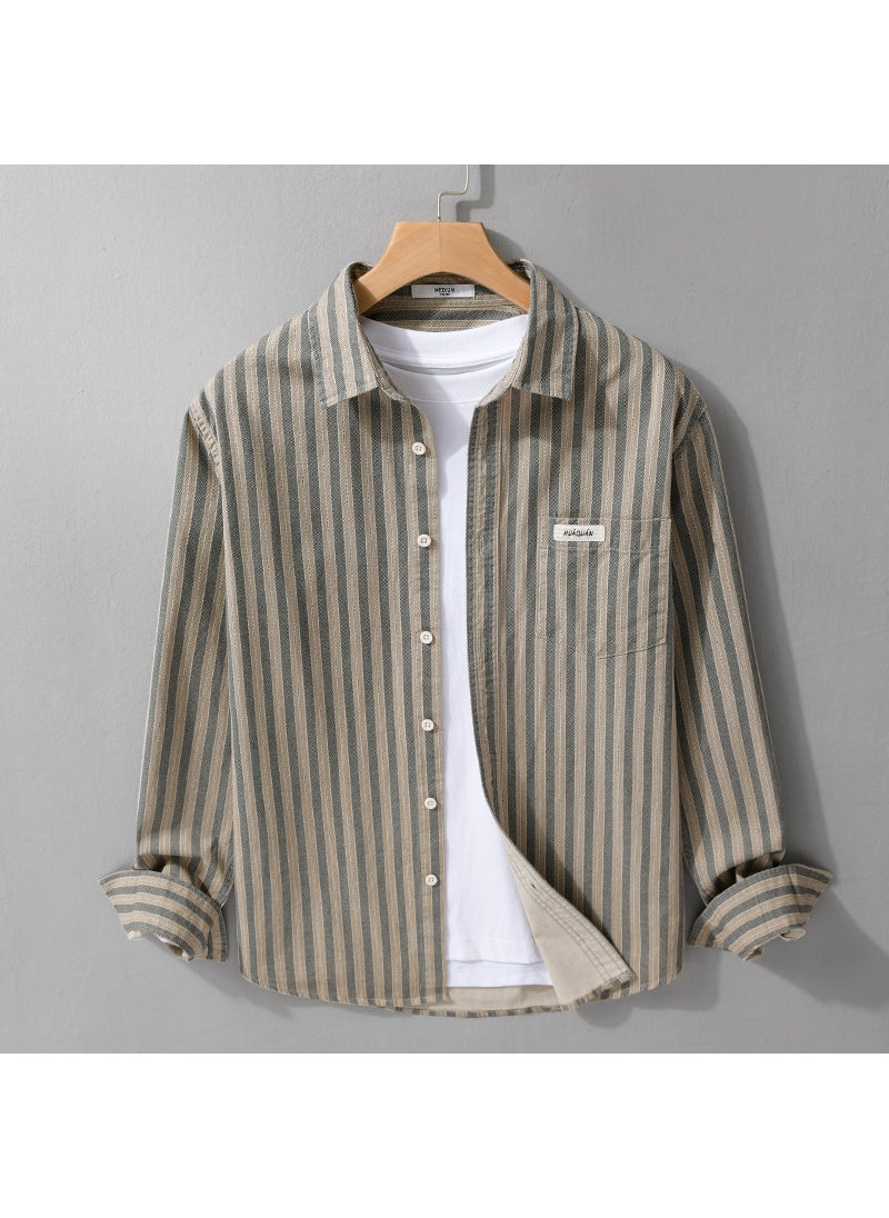 Simple Striped Long Sleeve Shirt For Men Trendy Japanese Style Loose Fit Versatile Youth Fashion Straight Edge Casual Shirt Gray card strip