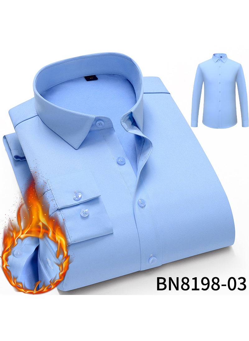Autumn/Winter Mens Thickened Fleece-Lined Long Sleeve Casual Elastic Warm Shirt Light Business Solid Color Shirt 03 light blue